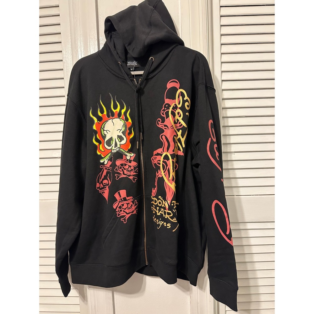 Ed Hardy Mens Black Skull Flame Graphic Zip Up Hoodie XL EHMR1301-12 NWT